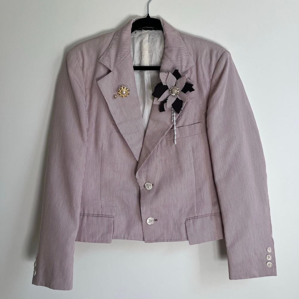Vtg 1970s JUILLIARD Womens Blazer Striped Cropped Jacket Tailored Brooch M